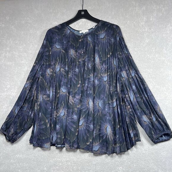 Vince Blouse Womens Size Plus XXL 2XL Deco Floral Print Pleated Long Sleeve - Picture 1 of 13
